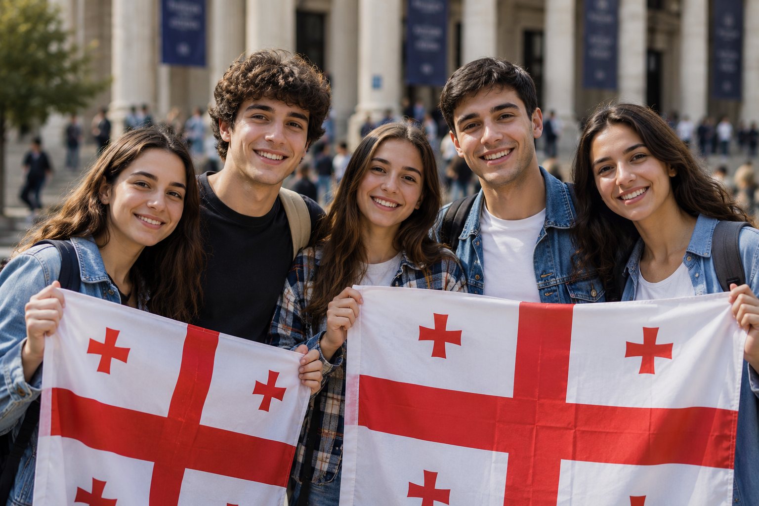 Students with Georgian flags before a university building